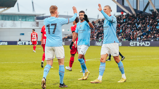 HIGH FIVES: Haaland, Mahrez and KDB celebrate after we double the lead.