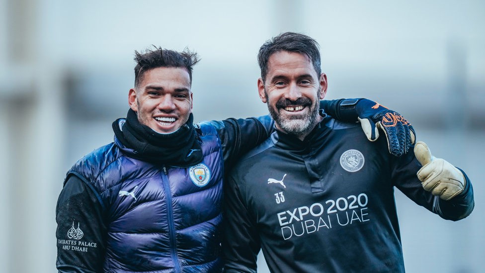 GOALKEEPER'S UNION : Ederson and Scott Carson smile for the camera