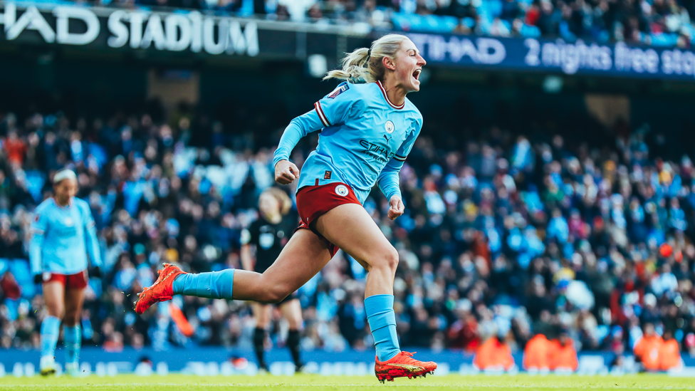 DERBY DAY : Laura Coombs scores during the Etihad Stadium Women's Super League derby with Manchester United on 11 December