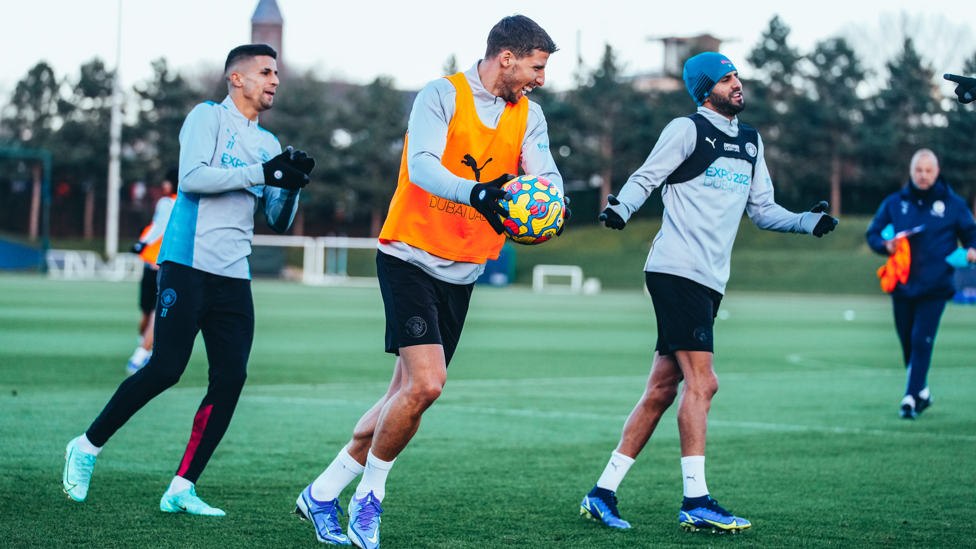 ROCKING RUBEN : Ruben Dias shares a joke with Joao Cancelo and Riyad Mahrez