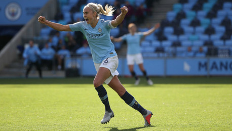 WHEELING AWAY: Steph Houghton celebrates her last might goal against Bristol City.