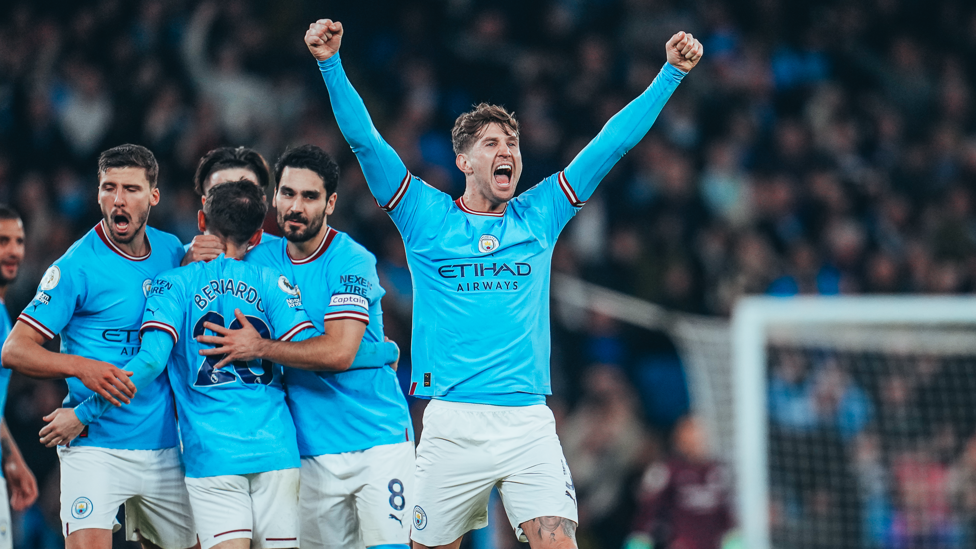 FIST PUMP : Stones celebrates after his superb header!