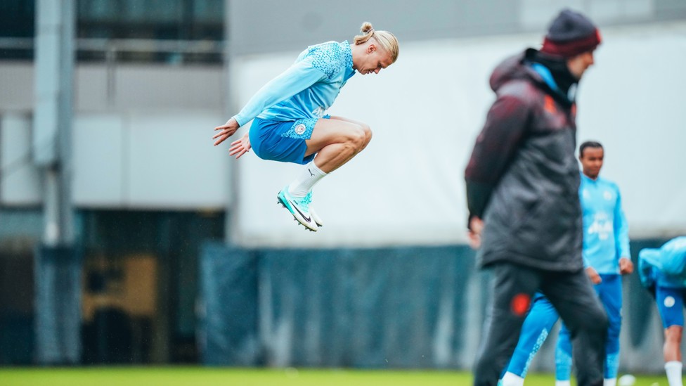 KNEES UP : Erling Haaland gets some air time