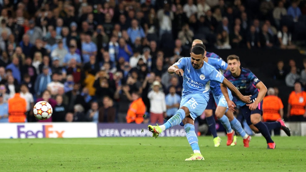 MAHRVELLOUS : Riyad blasts in from the penalty spot to restore the two-goal lead in added time at the end of the first half.