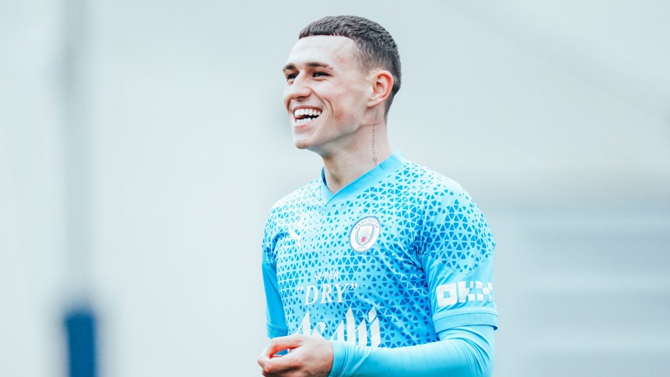 DERBY DAY : Phil Foden shows his excitement ahead of Sunday