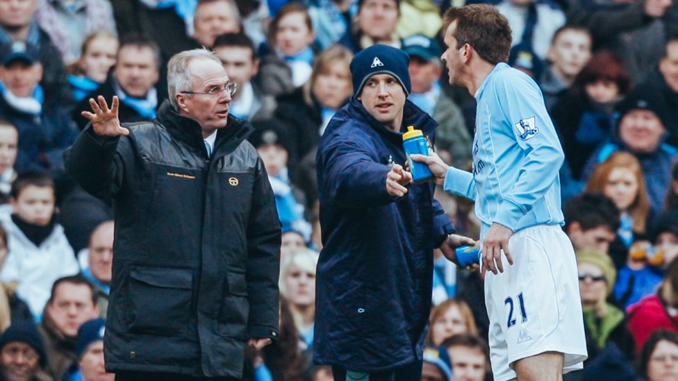 WISE WORDS: Sven passes on instructions to Didi Hamman during an Etihad league clash.