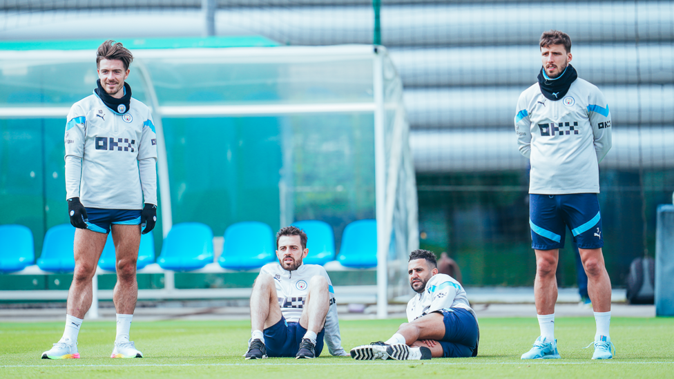 QUALITY QUARTET  : Jack Grealish, Bernardo Silva, Riyad Mahrez and Ruben Dias take to the grass. 