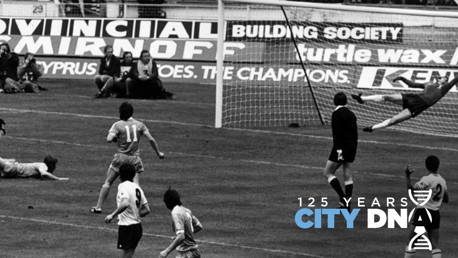 BACK OF THE NET: Tommy Hutchison watches from the ground as his diving header opens the scoring in the 1981 FA Cup final.