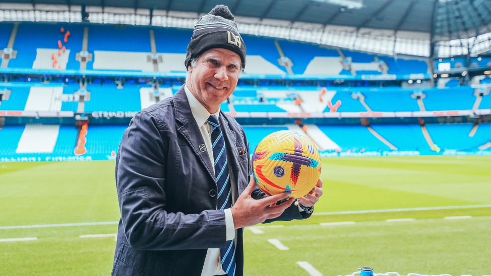 HOLLYWOOD STAR: Will Ferrell is welcomed to the Etihad ahead of kick off.