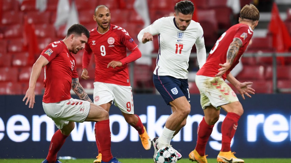 THREE LIONS DEBUT: Jack is subbed on for his senior England debut in a Nations League clash with Denmark in September 2020