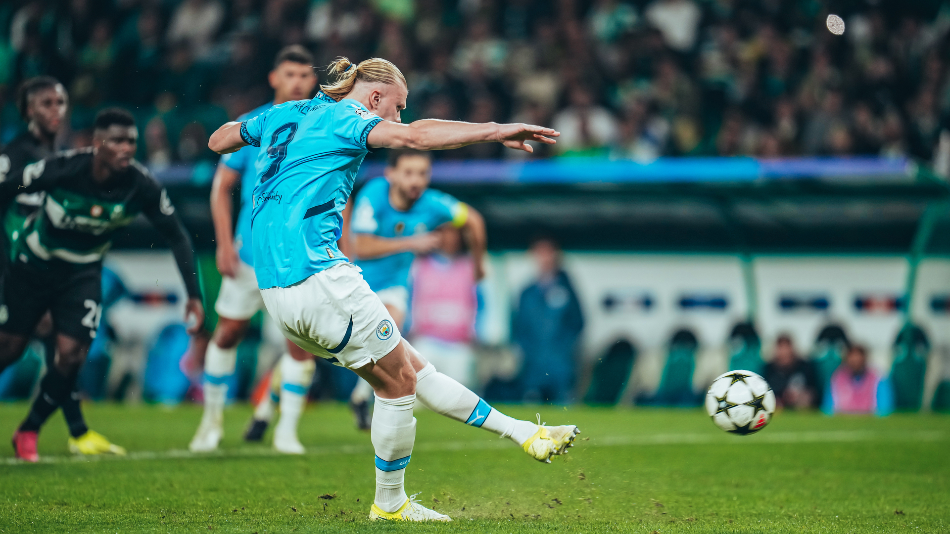 AGONY: Erling Haaland's penalty hits the bar.