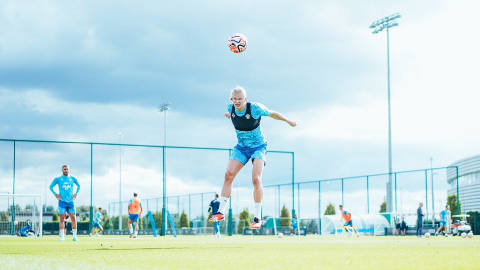 HEADS UP  : Erling Haaland delivers a powerful header.