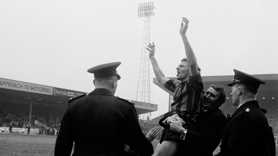 SEMI SUCCESS : City captain Tony Book is lifted in the air by coach Malcolm Allison after our victory over Everton in the FA Cup semi-final at Villa Park in March 1969