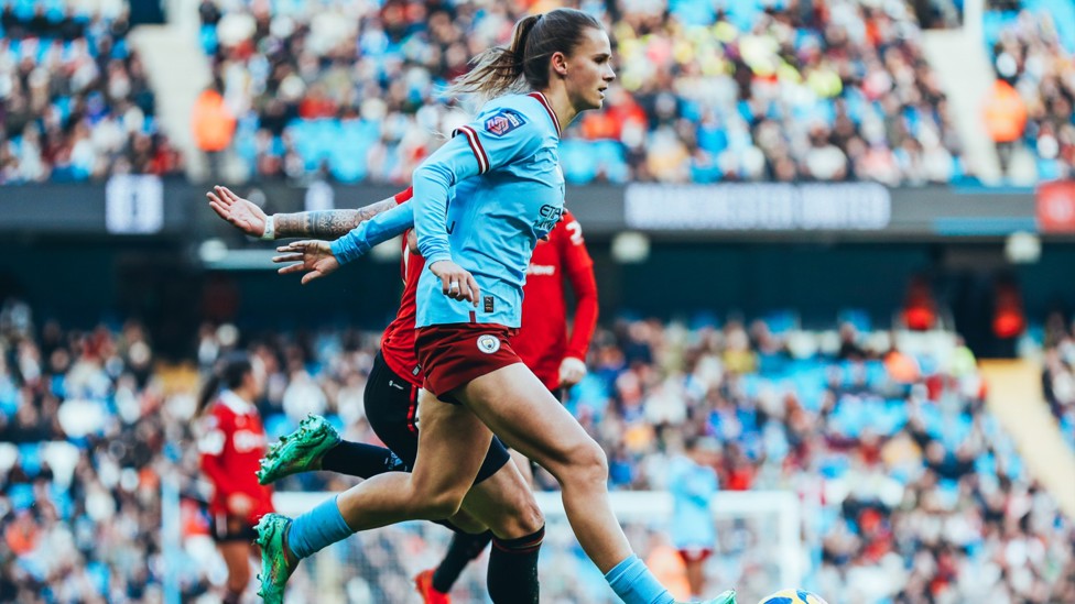 ETIHAD : Kerstin helps City to a 1-1 draw with Manchester United in front of a Club record-crowd for a women’s game. 