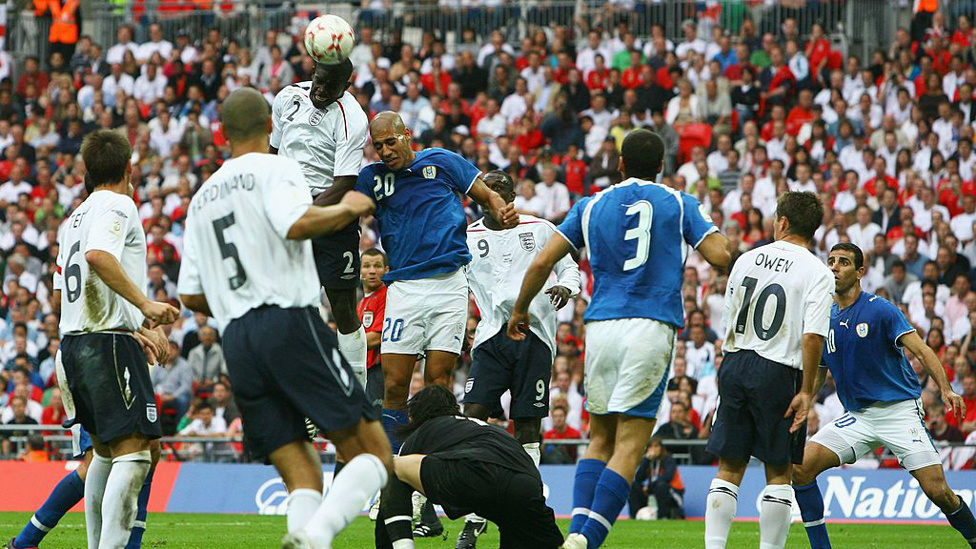 LIKE A SALMON : Rising highest to head home his one and only England goal against Israel in 2008.