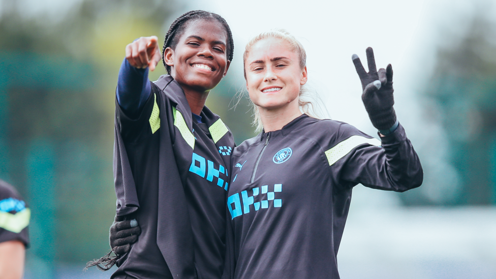 WHAT A DUO : Khadija 'Bunny' Shaw and Steph Houghton find our photographer. 