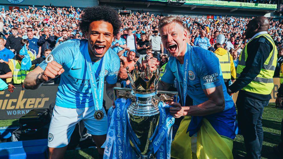 THAT WINNING FEELING: Zinchenko and Leroy Sane can't contain their joy after we retained the Premier League title in May 2019