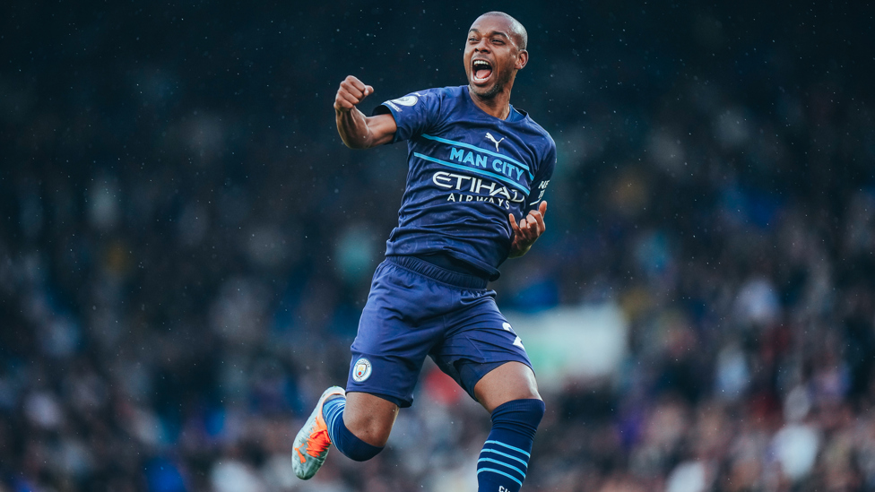 FINAL FINISH : Fernandinho scores his last goal in City colours against Leeds on 30 April