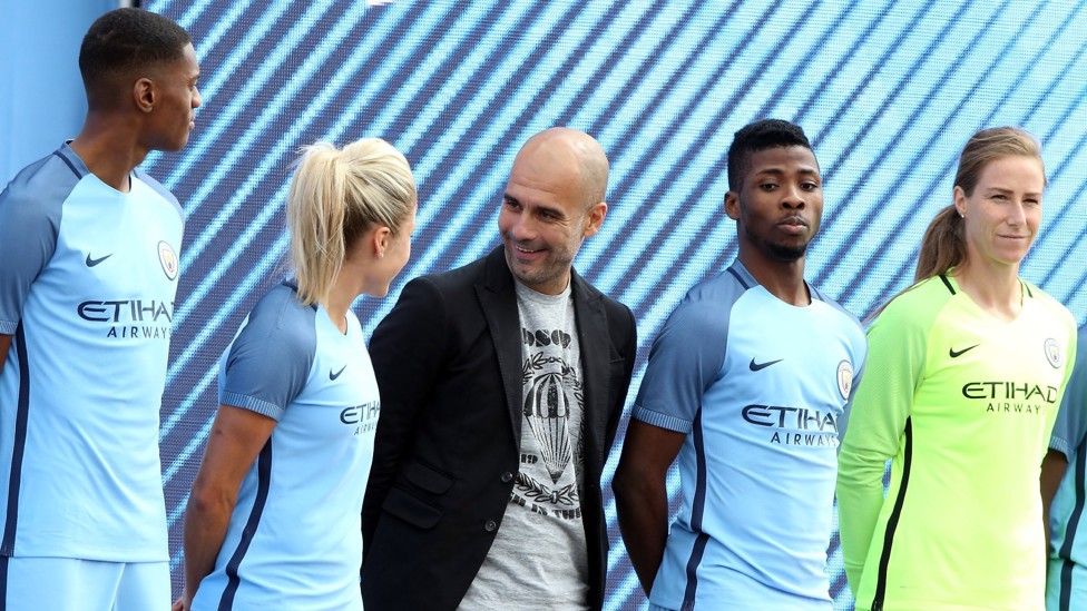 THE JOURNEY BEGINS : Guardiola in conversation with City Women captain Steph Houghton at his unveiling on 3 July 2016.