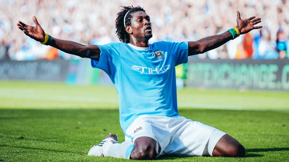 KNEESY DOES IT : Emmanuel Adebayor rushes the full length of the pitch to celebrate his 2009 goal in the 4-2 win over Arsenal