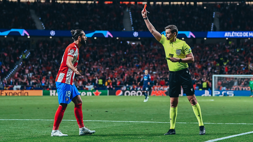 RED : Felipe is sent off for a second strong challenge on Phil Foden. 