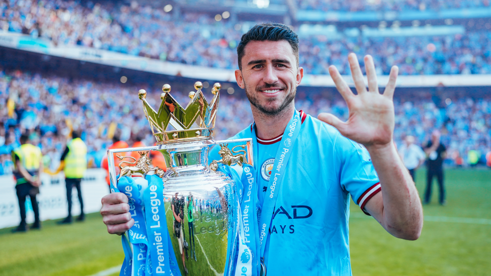 HIGH FIVE : Laporte pictured with his fifth Premier League title in May 2023.