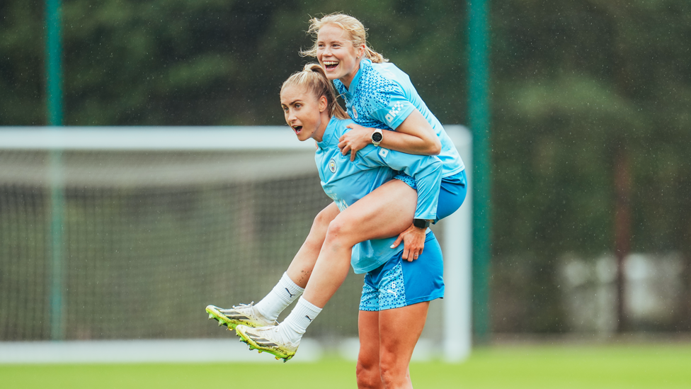 SUPER STEPH : Julie Blakstad and Steph Houghton having some fun in training!