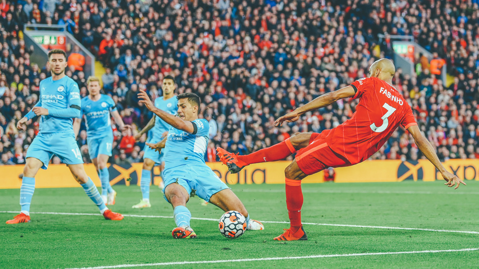 OUT OF NOWHERE : Rodrigo performs a seemingly impossible block to deny Liverpool's Fabinho in a 2-2 draw at Anfield