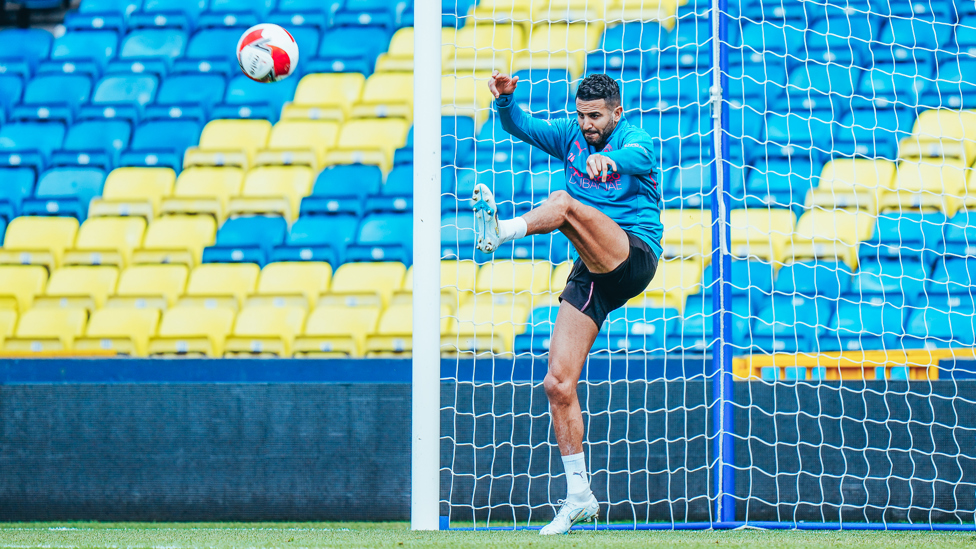 CLEARANCE : Riyad Mahrez hammers the ball off the line.