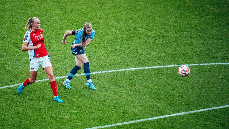 GUNNING FOR IT : Jess Park fires home our second at the Emirates Stadium on our 2024/25 opening day 2-2 draw.