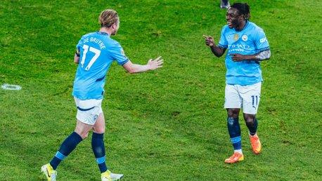 BELGIAN BROS: KDB and Doku celebrate.