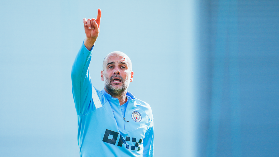 THE BOSS: Pep Guardiola gets his point across to the City players.