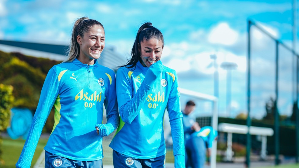 DOUBLE TROUBLE : Laia and Leila make their way out onto the pitch