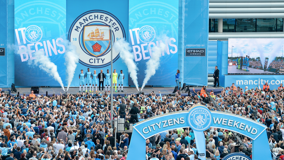 IT BEGINS : The manager was introduced to City fans alongside the Club's new crest