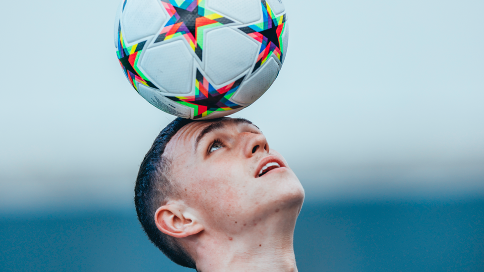 STAR BOY : Phil Foden showcases one of his many talents by balancing a ball on his head 