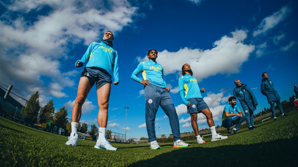 THREE OF THE BEST  : Phil Foden, Manuel Akanji and Nathan Ake watch on.