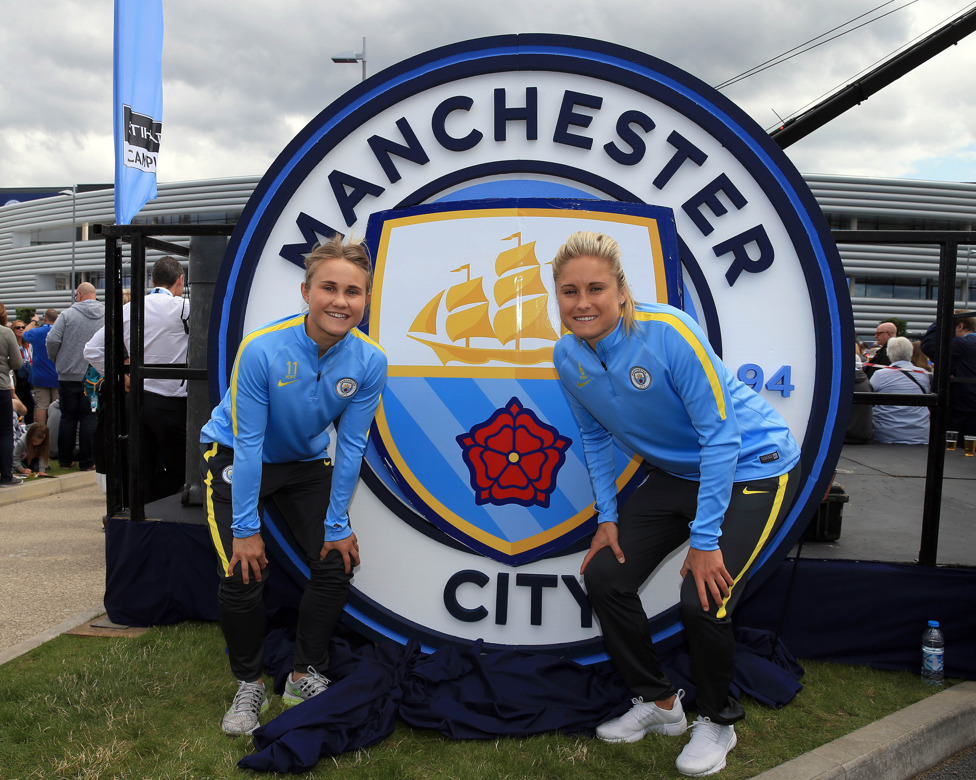 NEW BADGE : Steph Houghton is pictured with the new club crest in 2016.