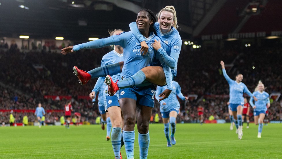 MANCHESTER IS BLUE : Lauren Hemp and Bunny Shaw were on target in our win at Old Trafford