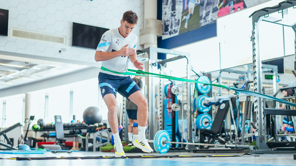 TO THE MAX : Midfielder Maximo Perrone completing some training in the gym. 