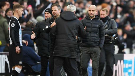 FULL-TIME: Pep shakes hands with Steve Bruce.