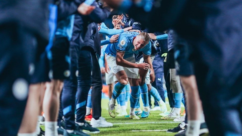 HAPPY HAALAND : Erling Haaland receives a guard of honour from his teammates after becoming the first player to score 35 goals in a Premier League season