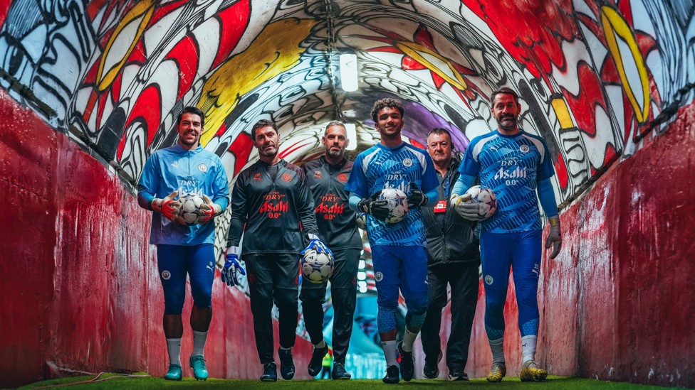 KEEPER'S UNION : Goalkeepers and coaches head out the tunnel at Red Star Belgrade