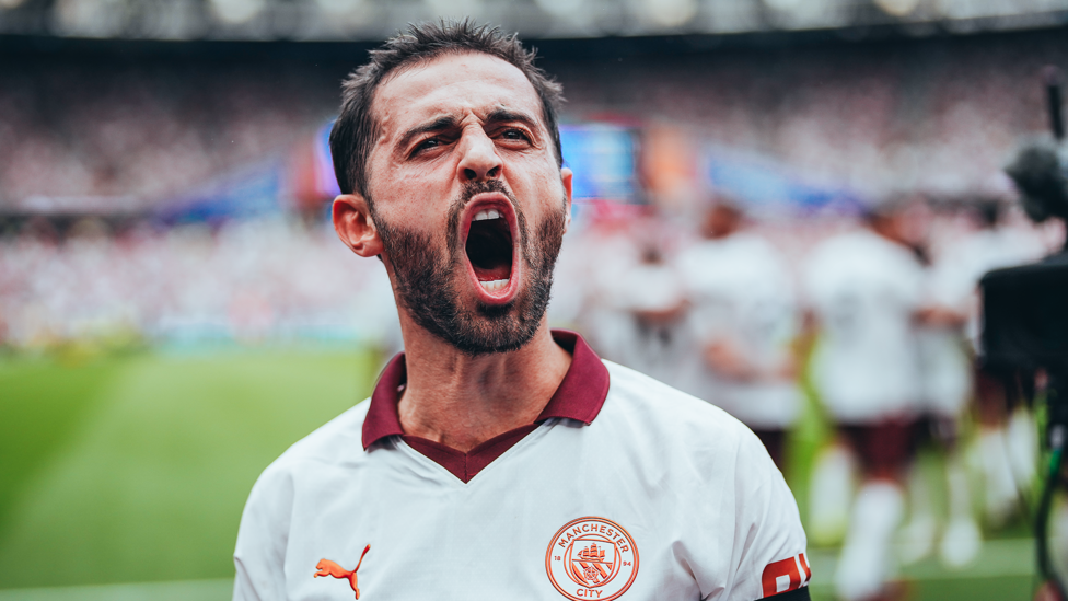 BRILLIANT BERNA : Bernardo Silva screams with delight after helping us defeat West Ham 3-1 at the London Stadium