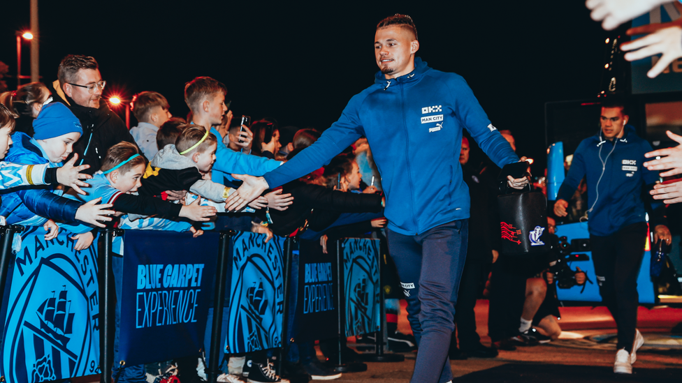 PHILLING GOOD : Kalvin makes his way into the Etihad Stadium after he is named in the matchday squad.