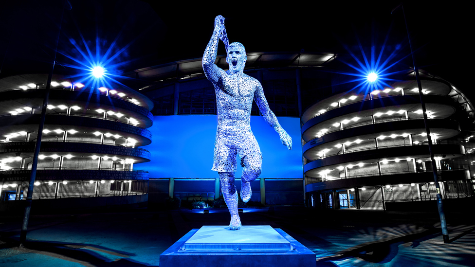 SERGIO IS HOME : Aguero's statue joins David Silva and Vincent Kompany outside the Etihad Stadium on 13 May