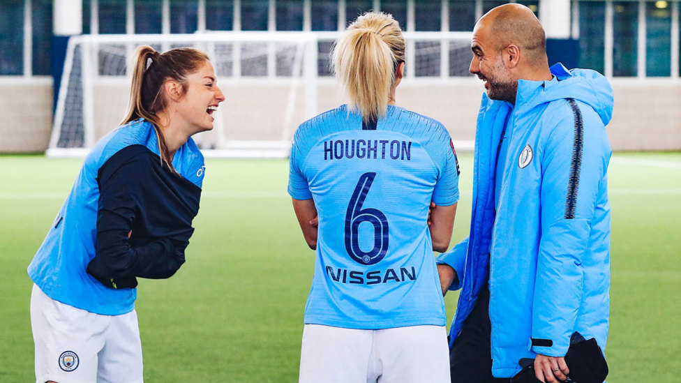 RELAXED MOMENT : For Janine Beckie, Steph Houghton and Pep Guardiola