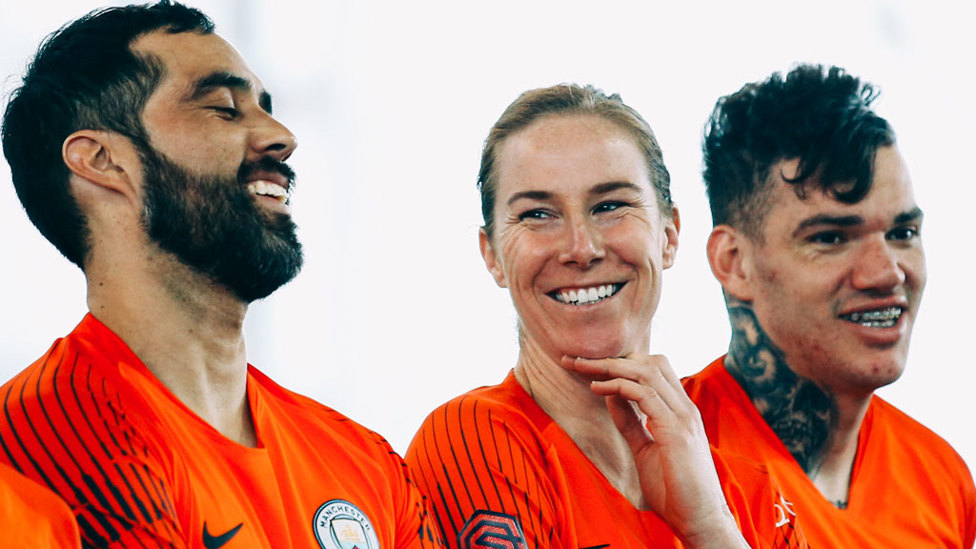 GOALKEEPERS UNION : Something has got Claudio Bravo, Karen Bardsley and Ederson smiling!