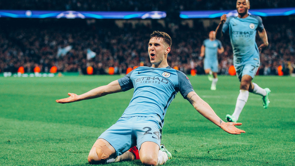 STONES AT THE SHARP END: Our centre-half puts City 4-3 ahead in a thrilling Champions League victory over Monaco in February 2017.