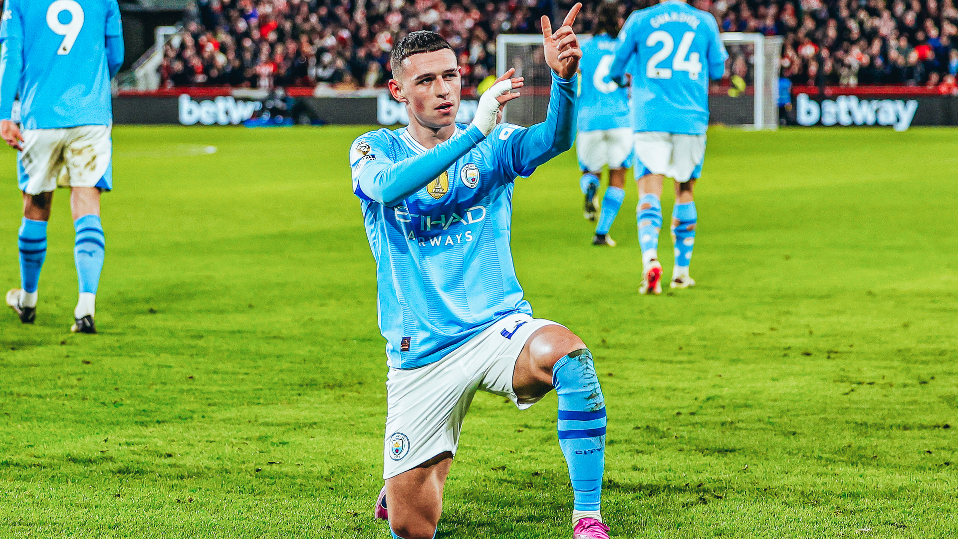 TREBLE HIT: Phil Foden celebrates 