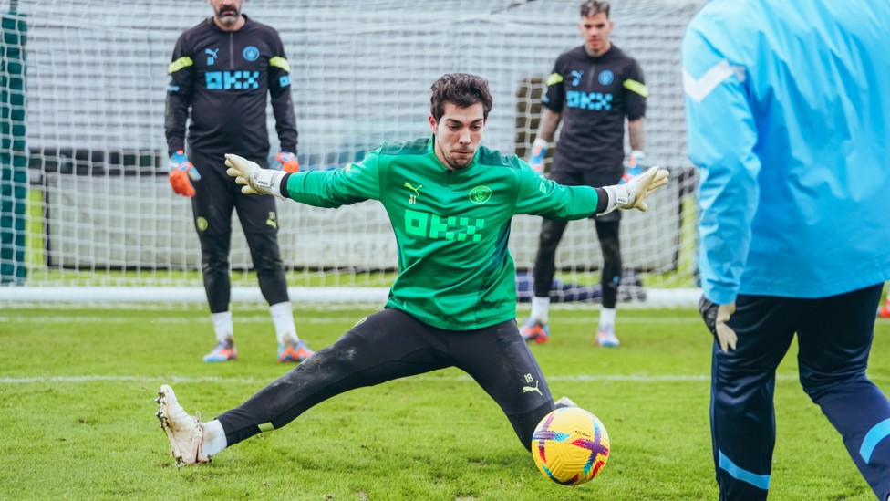 WORKING HARD : Ortega trains with fellow goalkeepers Ederson and Scott Carson